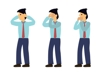 Businessman in three expression of see no evil, speak no evil and hear no evil. Concept of wisdom or ignorance