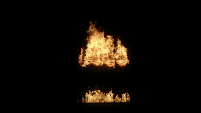 Flame burning above and below the box isolated on black background, disaster design element, suitable for window and building fires, alpha channel