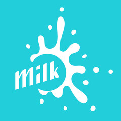 Milk circle badge and dairy labels with splashes and bolts. Milk badge with drop and splash for labels of package.