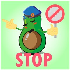 Cute half avocado police cartoon character with police hat, hands pointing and stop sign design