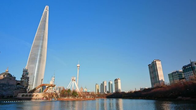Time lapse of Seoul City and Lotte Tower in Seoul South korea.
