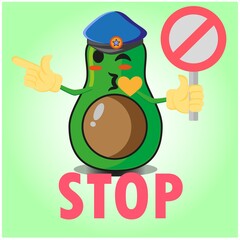 Cute half avocado police cartoon character with police hat, hands pointing and stop sign design