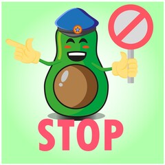 Cute half avocado police cartoon character with police hat, hands pointing and stop sign design