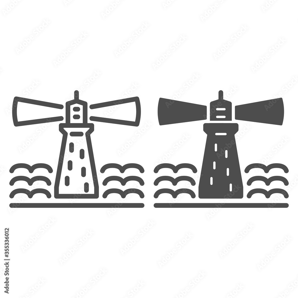 Poster lighthouse line and solid icon, nautical concept, beach signal beacon sign on white background, lumi