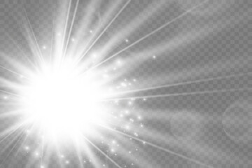 Obraz premium Glow isolated white transparent light effect set, lens flare, explosion, glitter, line, sun flash, spark and stars.
