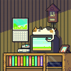 cat in room pixel art.