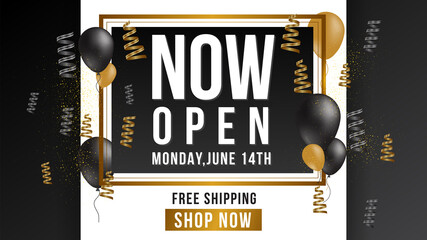 Now open shop or new store gold and grey color luxury sign on black background.Template design crown and falling gold confetti and balloons for opening event.Can be used for poster ,flyer , banner.