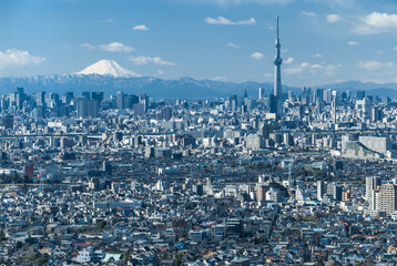 展望台からの東京都心部とスカイツリー、富士山の眺望