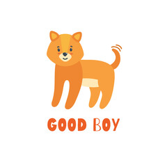 Cute puppy waving its tail. Good boy dog print with inscription. Vector illustration in flat style