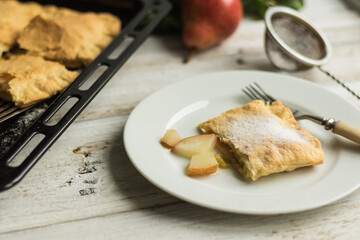 The girl puts portions of the pie on the plates. Sweet healthy pastries on the baking sheet. Cake sprinkled with powder