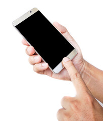 Hand holding and Touch on a Smartphone on white background