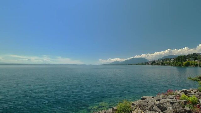 View out on to the lake Neuchâtel on a summers day with birds flying about