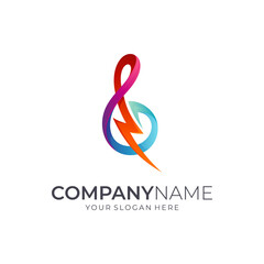 Music logo, Thunder with music note colorful gradient colors, Musical logo template suitable for singer audition, music school, audio app, concert and festival