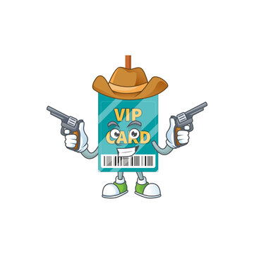 A masculine cowboy cartoon drawing of VIP pass card holding guns