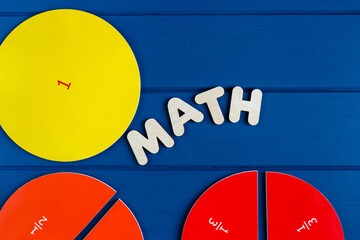 Close up mathematical fractions and colorful letters on blue background. Creative, fun mathematics...