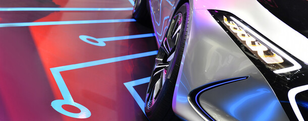 Detail on one of the LED headlights modern electric car