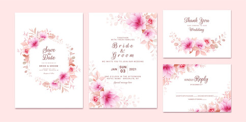 Wedding invitation template set with romantic floral frame and border. Roses and sakura flowers composition vector for save the date, greeting, thank you, rsvp card vector