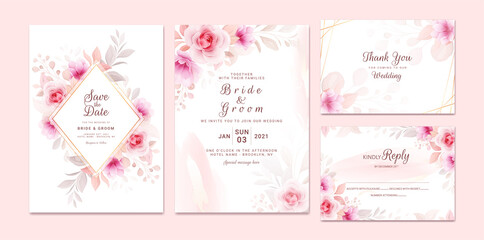Wedding invitation template set with romantic floral frame and gold watercolor. Roses and sakura flowers composition vector for save the date, greeting, thank you, rsvp card vector