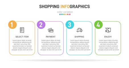 Concept of shopping process with 4 successive steps. Four colorful graphic elements. Timeline design for brochure, presentation, web site. Infographic design layout.