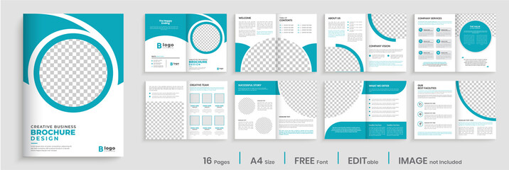 Brochure template design with blue modern shapes, 16 page, corporate, minimal business brochure template design.