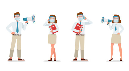 Businessman people wearing medical mask and face shield character vector design. Presentation in various action. New normal life. no6