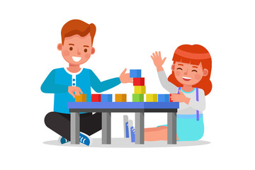 Children boy and girl playing wooden toys at home character vector design.