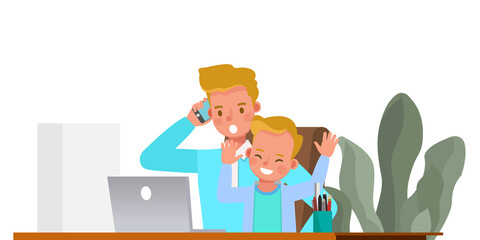 Father working from home with kids character vector design. Social distancing and self-isolation concept.