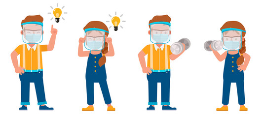 Set of children wearing medical mask and face shield character vector design. Presentation in various action with emotions. no4