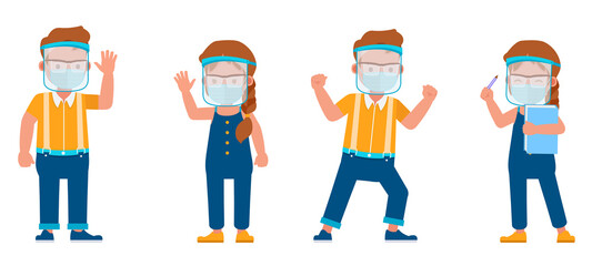 Set of children wearing medical mask and face shield character vector design. Presentation in various action with emotions. no5
