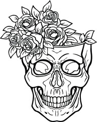 Linear drawing:  human skull - flower vase. Magic, esoteric, occultism. Vector illustration isolated on white background. Print, poster, T-shirt, card. 