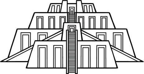 Cartoon drawing: ancient Zikkurat. Architecture of Babylon, Assyria, Mesopotamia. Template for use. Vector monochrome illustration isolated on white background.