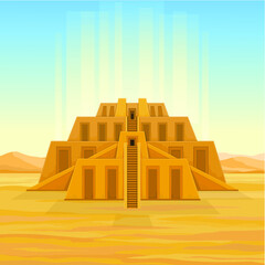 Animation drawing: Ancient Zikkurat in desert, flow of light tends into the sky. Cartoon mystical landscape. Architecture of Babylon, Assyria, Mesopotamia. Vector color illustration.