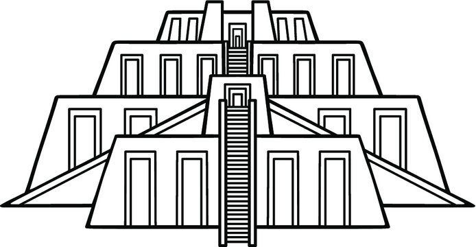 Cartoon drawing: ancient Zikkurat. Architecture of Babylon, Assyria, Mesopotamia. Template for use. Vector monochrome illustration isolated on white background.