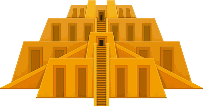 Cartoon drawing: ancient Zikkurat. Architecture of Babylon, Assyria, Mesopotamia. Template for use. Vector color illustration isolated on white background.