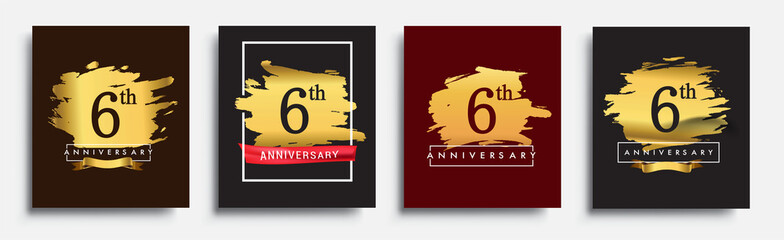 Set of Anniversary logo, 6th anniversary template design on golden brush background, vector design for greeting card and invitation card, Birthday celebration