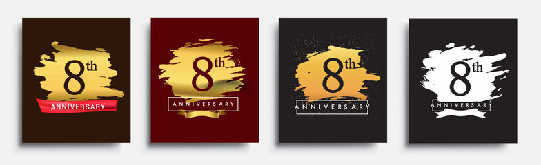 Set of Anniversary logo, 8th anniversary template design on golden brush background, vector design for greeting card and invitation card, Birthday celebration