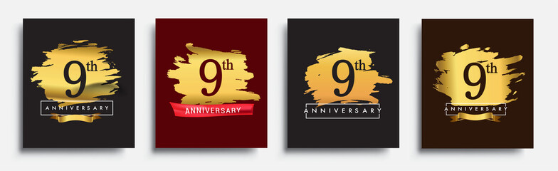Set of Anniversary logo, 9th anniversary template design on golden brush background, vector design for greeting card and invitation card, Birthday celebration
