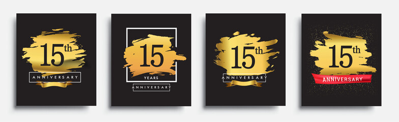 Set of Anniversary logo, 15th anniversary template design on golden brush background, vector design for greeting card and invitation card, Birthday celebration