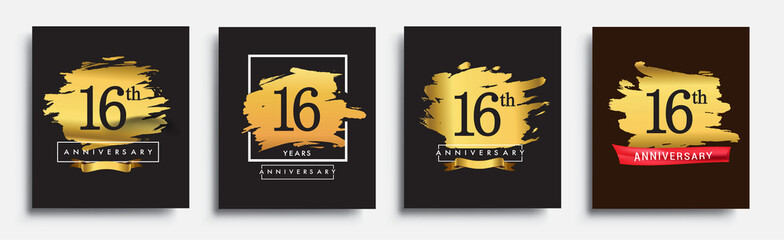 Set of Anniversary logo, 16th anniversary template design on golden brush background, vector design for greeting card and invitation card, Birthday celebration