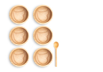 Top view set of wooden empty bowl and spoon on white background. Flat lay design template 6 wooden bowl and one spoon, space for text and design on right.