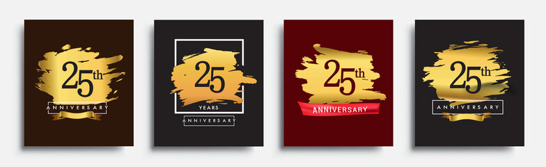 Set of Anniversary logo, 25th anniversary template design on golden brush background, vector design for greeting card and invitation card, Birthday celebration