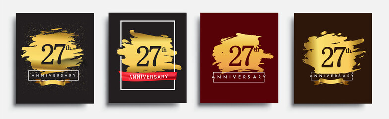 Set of Anniversary logo, 27th anniversary template design on golden brush background, vector design for greeting card and invitation card, Birthday celebration