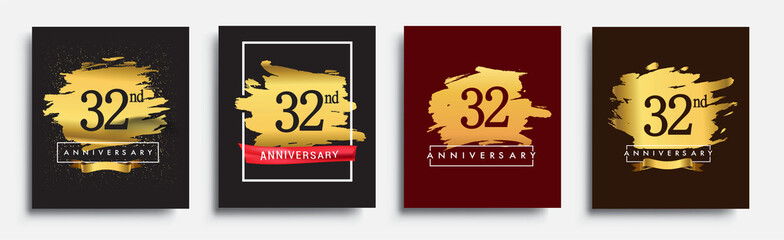 Set of Anniversary logo, 32nd anniversary template design on golden brush background, vector design for greeting card and invitation card, Birthday celebration