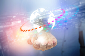 Conceptual illustration of business man with social connection , online network technology in abstract background.