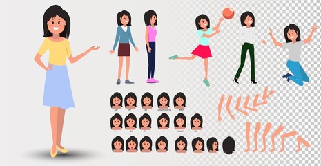 Front, side, back view animated character. Teenage girl character creation set with various views, hairstyles, face emotions, poses and gestures. Cartoon style, flat vector illustration.