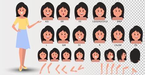 Female mouth animation. Womans talking mouths lips for cartoon character animation and english pronunciation. Sync speech expression vector face elements set for talk and sound alphabet