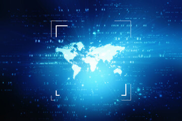 Abstract world map on binary code background. Glowing map of the earth. High tech. Sci-fi technology. Programming, big data. Global network. Binary codes emerging from the map. 