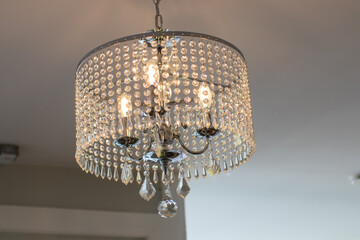 4 Light Chrome Round Chandelier with Beaded Drum/Hanging Clear Crystal Glass