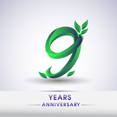 9th years anniversary celebration logotype with leaf and green colored. Vector design for greeting card and invitation card on white background.