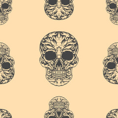 Seamless pattern with sugar skulls. Design element for poster, card, banner, t shirt. Vector illustration